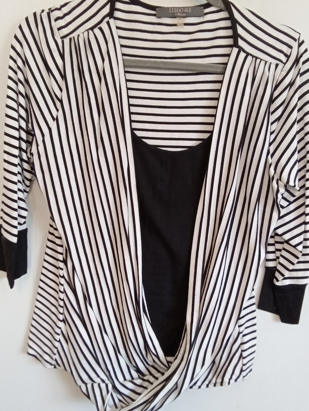 #6088 Essentials Black and White Striped Open-Front Draped Jacket. -  L